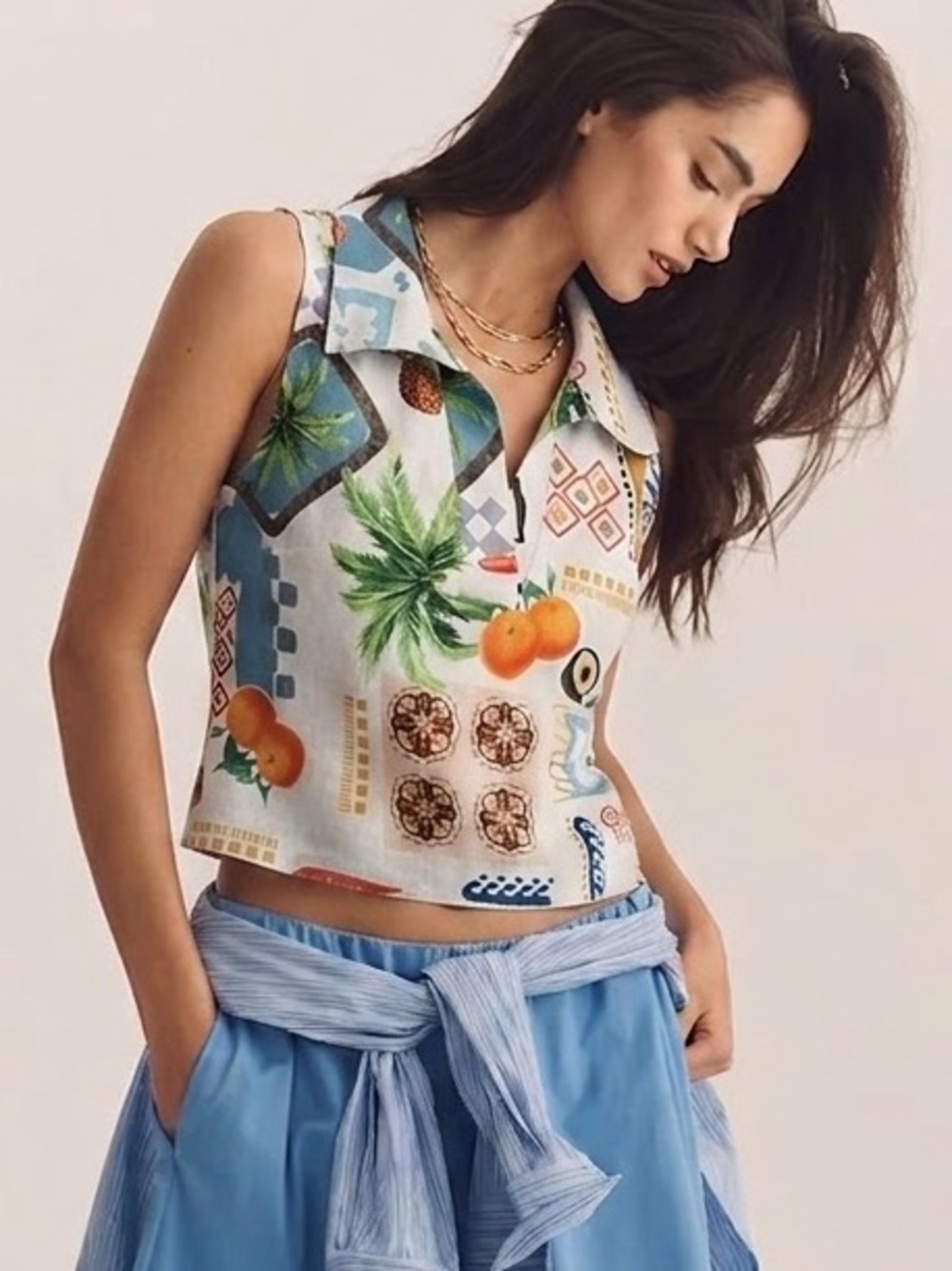 Terzo Millennio Tropical Print Linen Cotton Sleeveless Crop Top Made In Italy